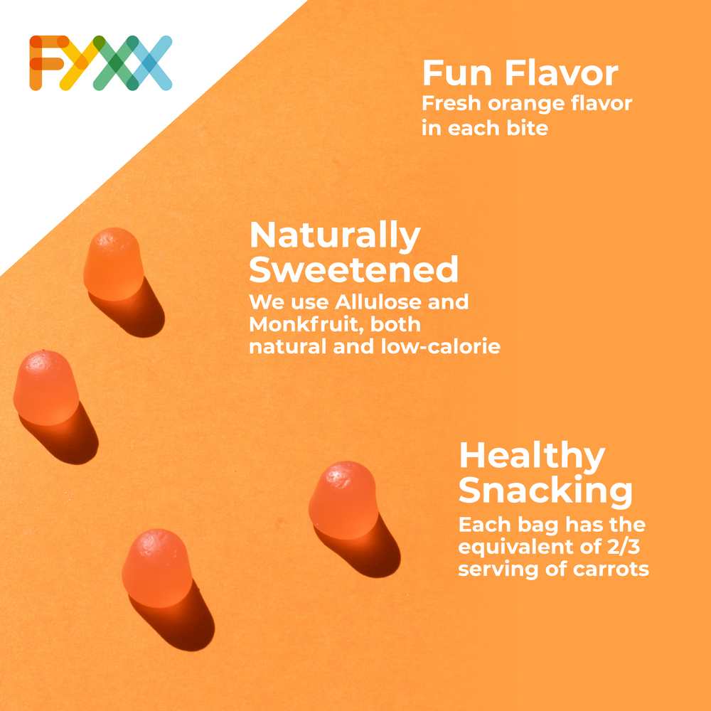 
                  
                    FYXX Orange Gummies made from carrots. Fun flavor, naturally sweetened, healthy snacking
                  
                