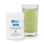 A jar of FYXX Bones dietary supplement powder sits next to a mixed and ready-to-drink glass. The matcha green tea with natural peach flavor can be seen in the green color of the drink.