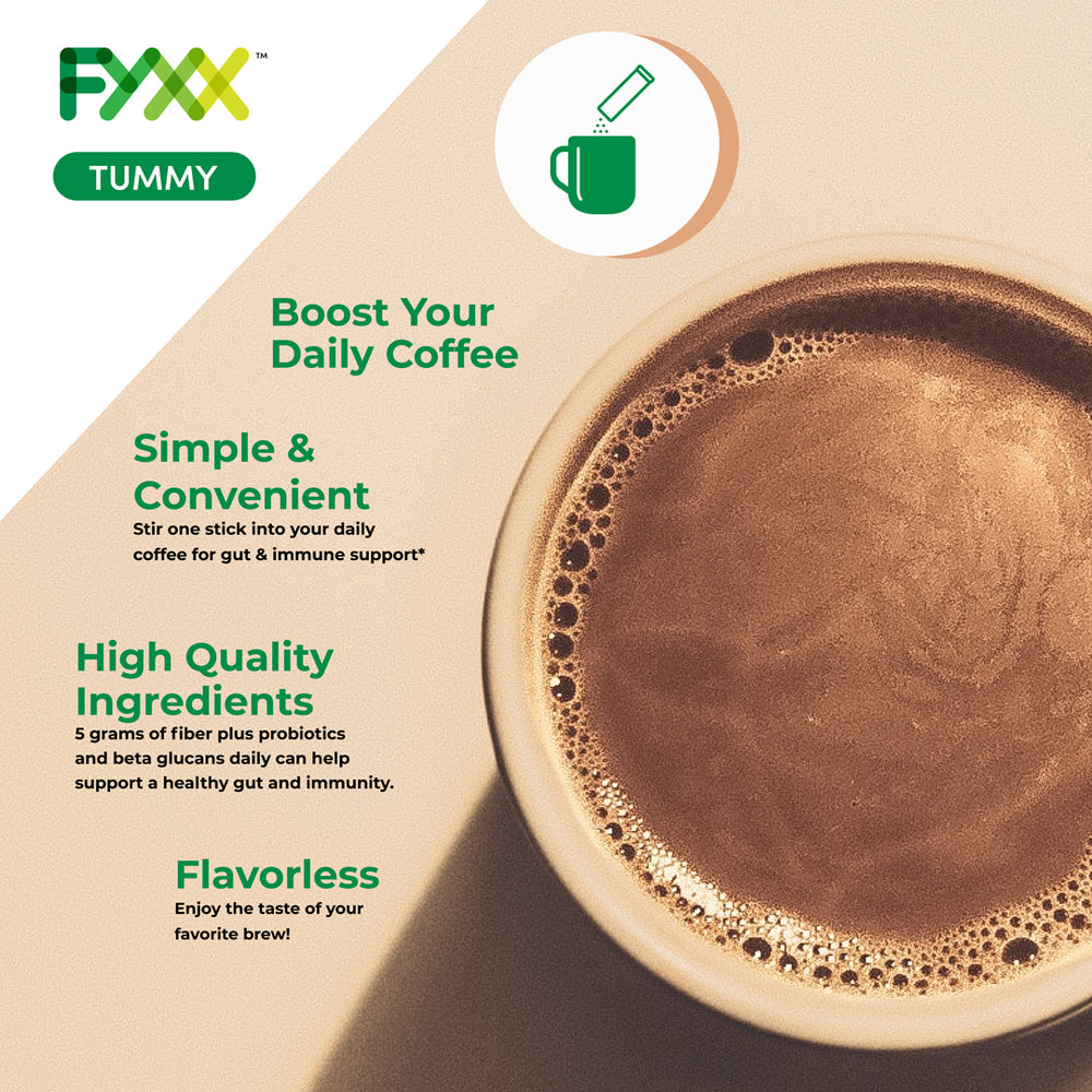 
                  
                    FYXX Tummy Coffee Sticks boost your daily coffee, are simple and convenient, contain high quality ingredients and are flavorless.
                  
                
