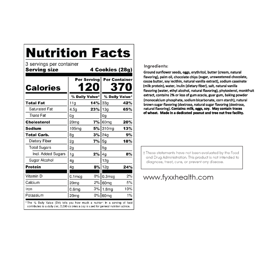 
                  
                    FYXX Ticker Chocolate Chip Cookies with heart healthy sterols nutrition facts
                  
                