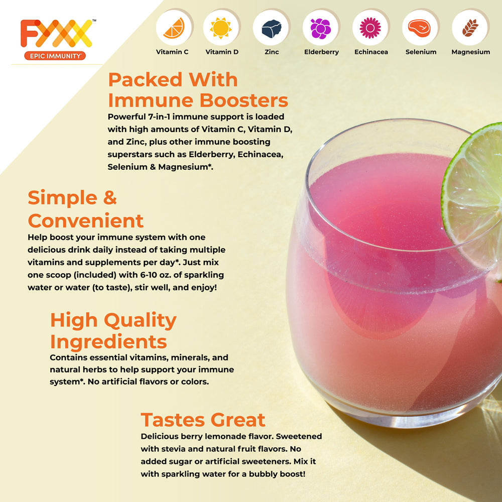
                  
                    FYXX Epic Immunity Drink Mix packed with immune boosters
                  
                