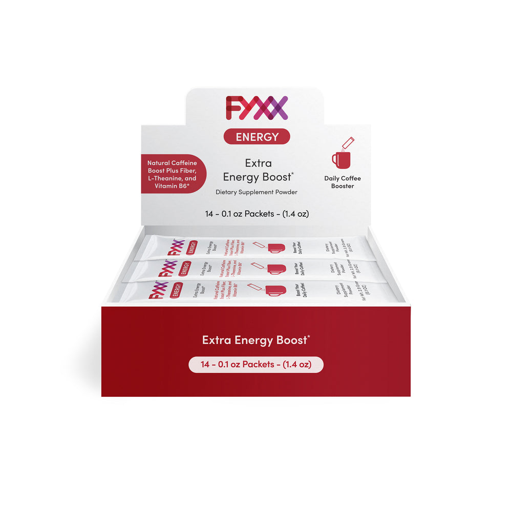 A crimson red colored boxed package of FYXX Energy packets. These packets are individual servings of daily coffee boosters to give you that extra energy you're looking for.