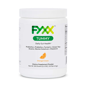 
                  
                    A jar of FYXX Tummy dietary supplement powder. No added sugar, artificial flavors, or artificial colors are in this product.
                  
                