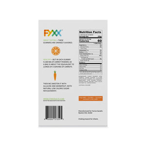 
                  
                    The back of the box of FYXX Orange Gummies. Supplement facts show 60 calories per serving, with 1 serving being 1 bag, and 5 bags included per box.
                  
                