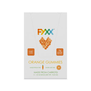 
                  
                    Front of the box of FYXX Orange Gummies, holding five 1.8 ounce bags. These have zero net carbs, and 2 grams of sugar per bag.
                  
                