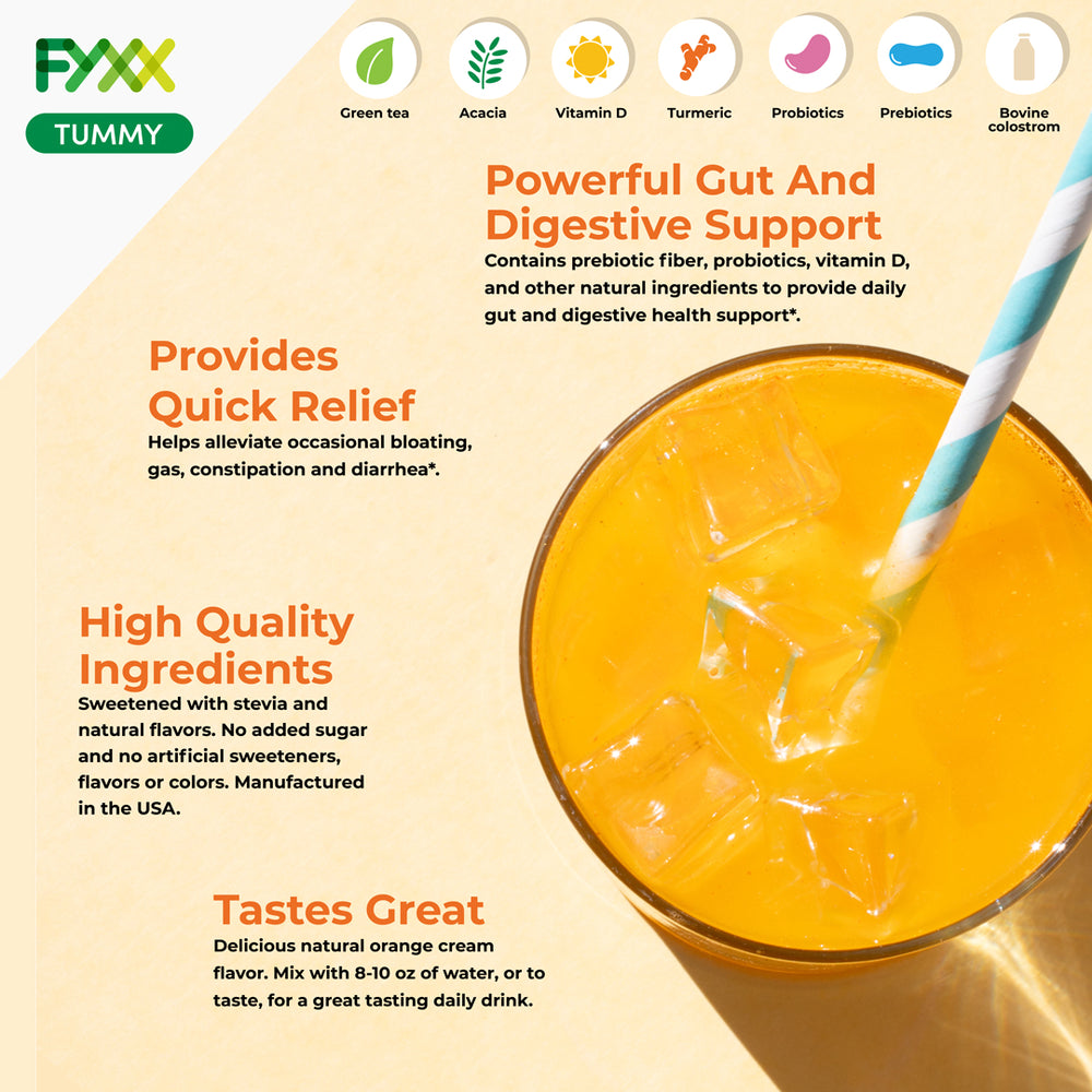 
                  
                    A jar of FYXX Tummy dietary supplement powder provides gut and digestive support and quick relief. It contains high quality ingredients and tastes great.
                  
                