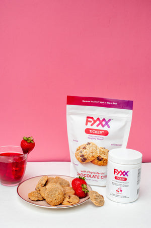 
                  
                    FYXX Ticker Chocolate Chip Cookies with heart healthy sterols and FYXX Ticker Drink Mix served in a delicious cocktail
                  
                
